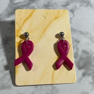 Handcrafted Pink Cancer Ribbon Dangles with Silver Ball Post and Butterfly Backs